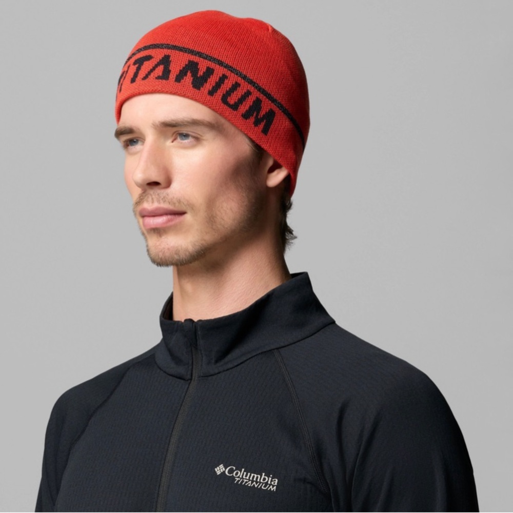 Columbia Titanium Red Knit Beanie with Black Lettering
